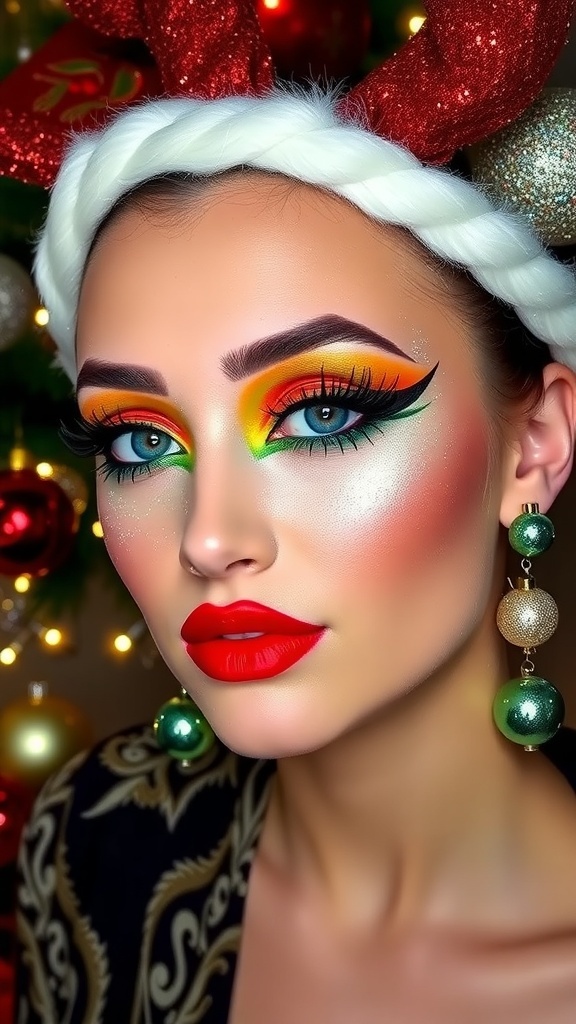 Festive duende Christmas makeup with bold colors and sparkles.